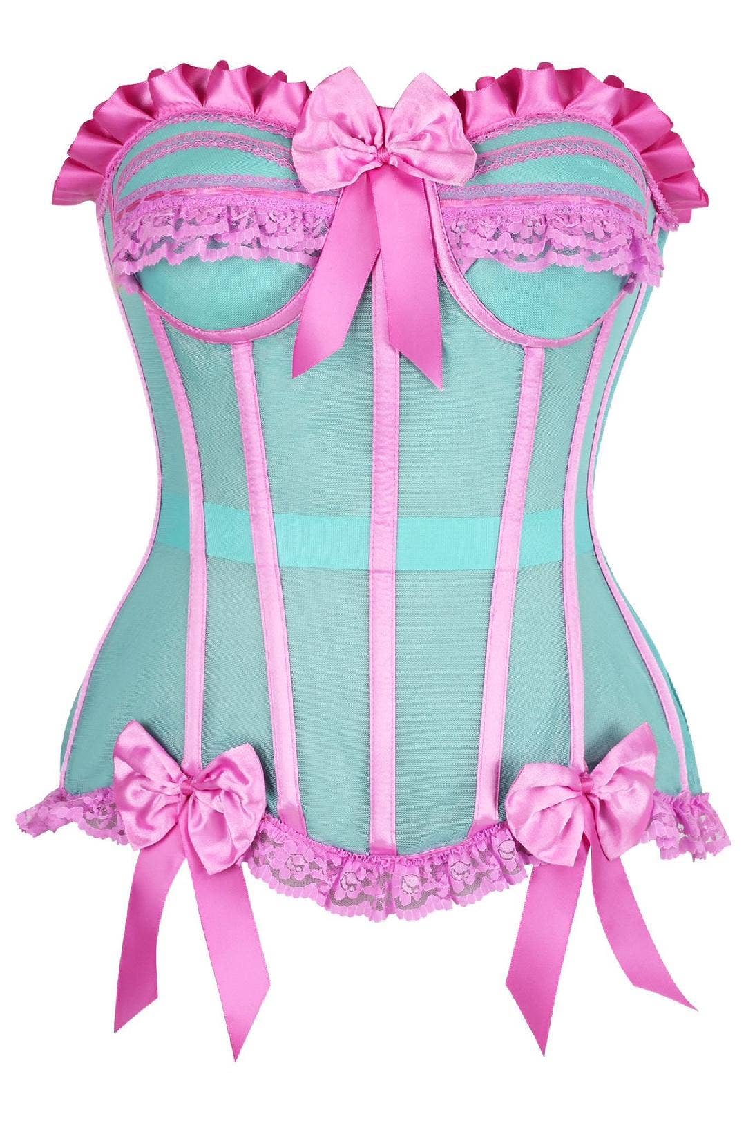 Top Drawer Steel Boned Mint/Pink Mesh Underwire Bustier Corset