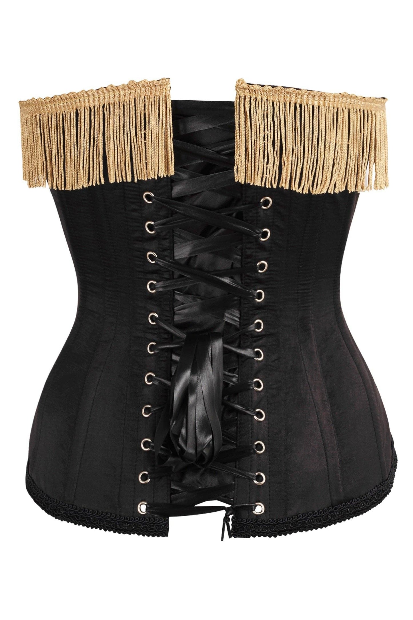 Top Drawer Black/Dark Red Steel Boned Corset w/Gold Fringe