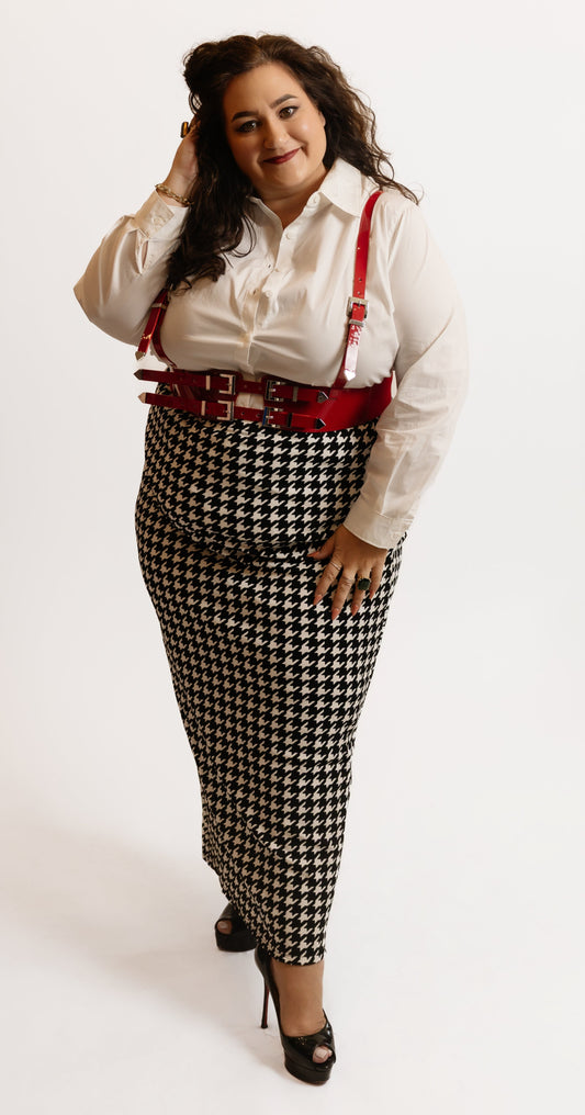 High-Waist Houndstooth Pencil Skirt