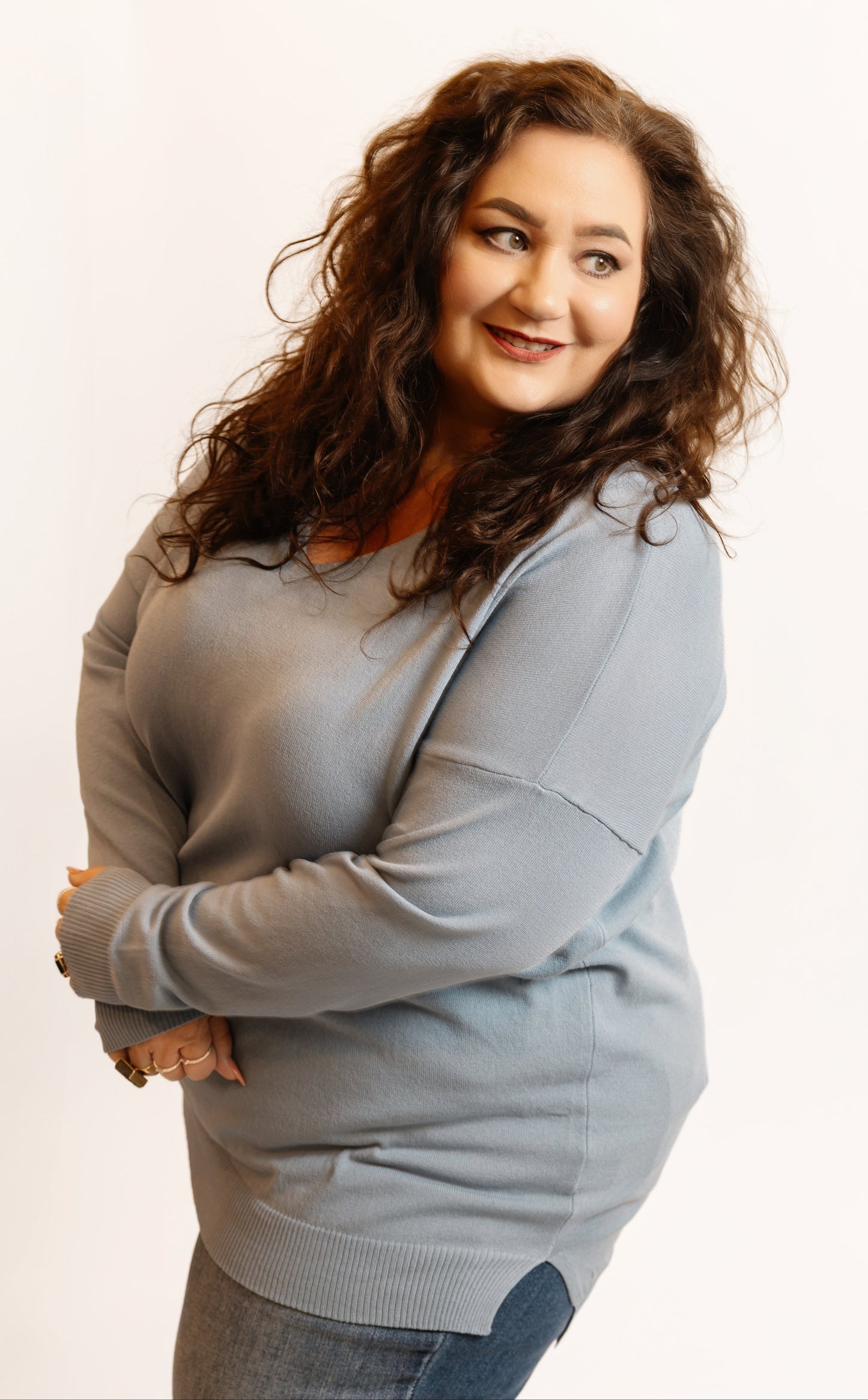V-neck Misty Blue Knit Sweater