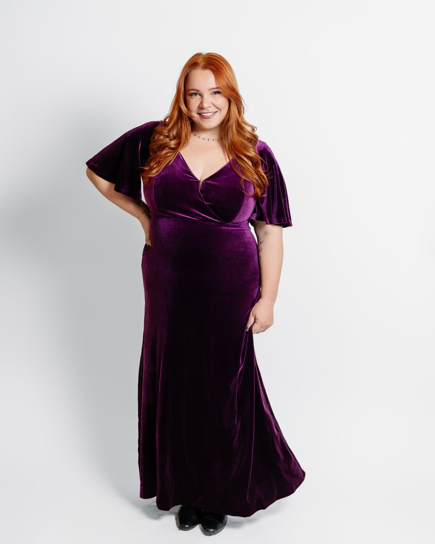Velvet Flutter Sleeve Evening Gown