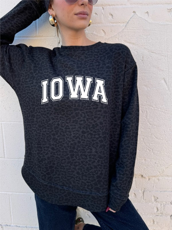 Iowa Varsity Black Leopard Graphic Crew Sweatshirt