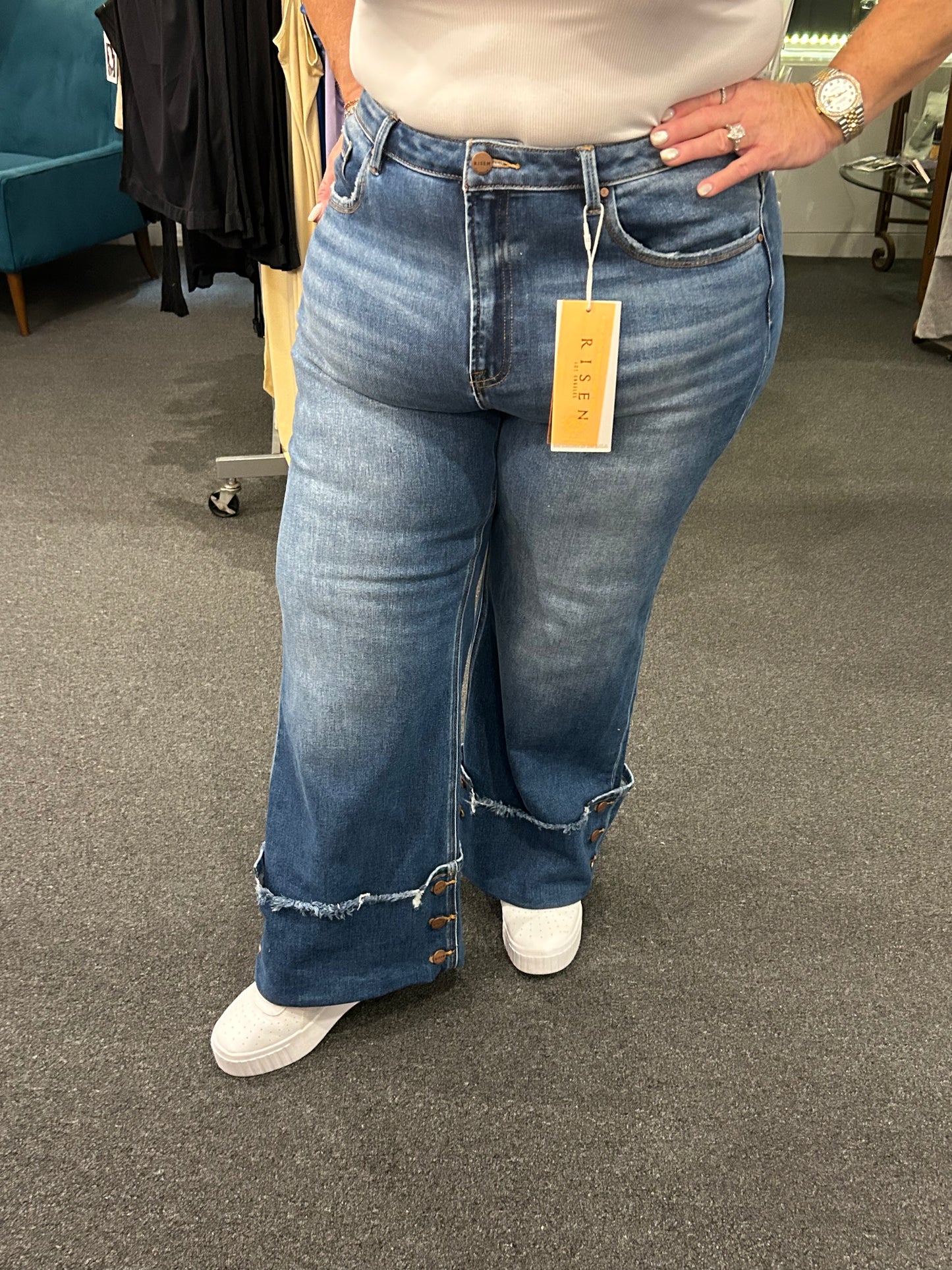 28" HR Cuffed Button Wide Leg by Risen