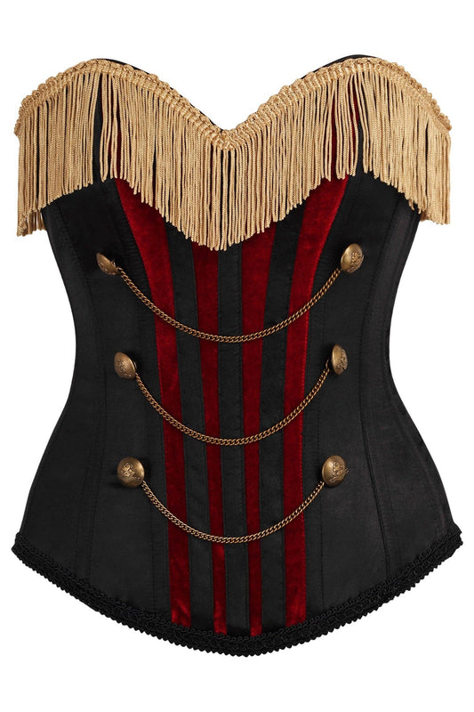 Top Drawer Black/Dark Red Steel Boned Corset w/Gold Fringe