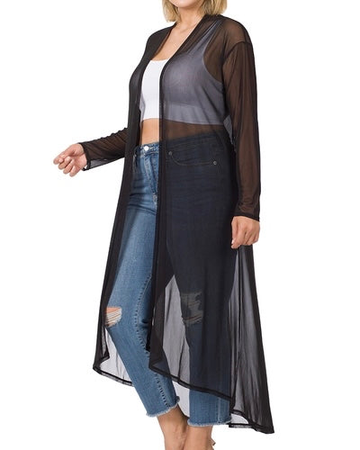 Mesh Open Front Long Cardigan