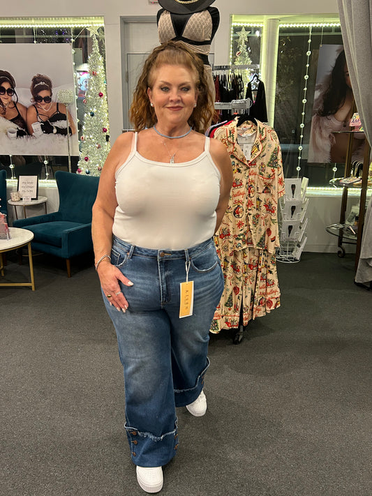 28" HR Cuffed Button Wide Leg by Risen