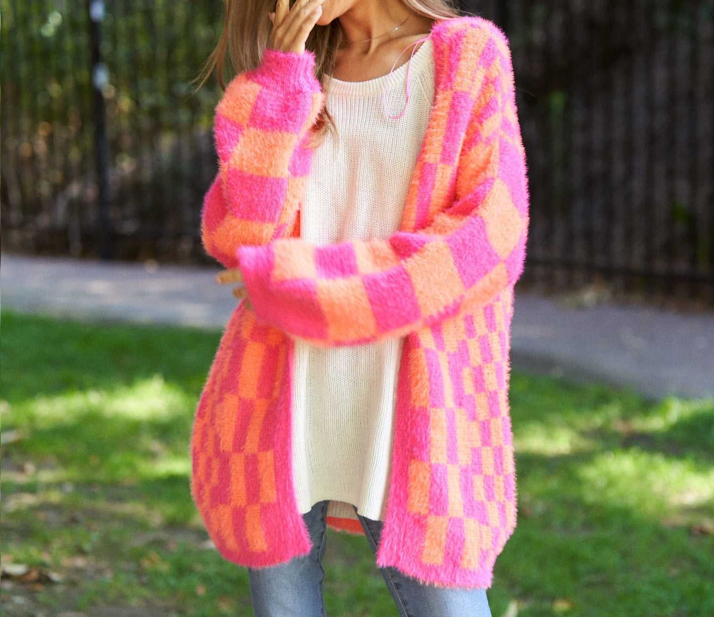 Checkerboard LS Loose Fit Cardigan