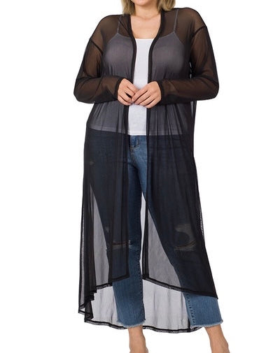 Mesh Open Front Long Cardigan