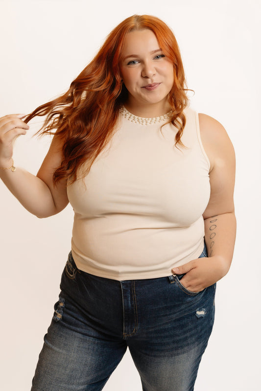 Sleeveless Pearl Trim Top