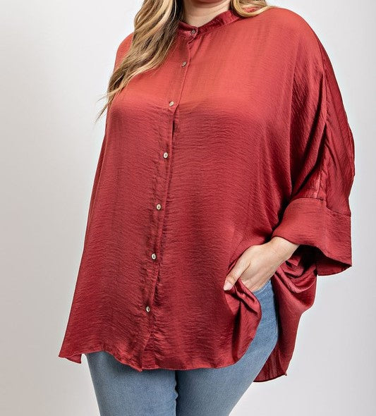 Washed Satin Button Down Loose Fit Top