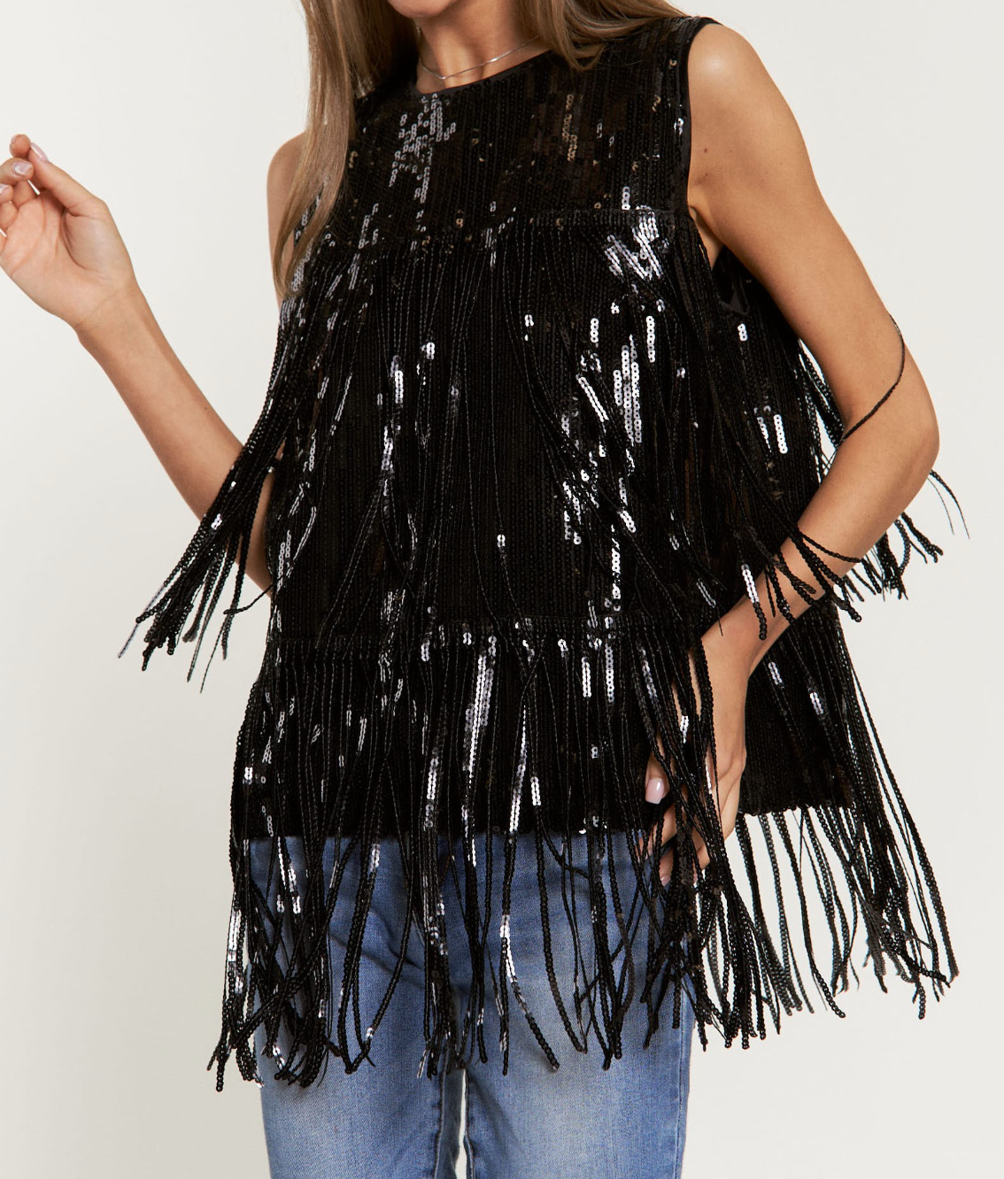 Sleeveless Sequined Fringe Detail Top