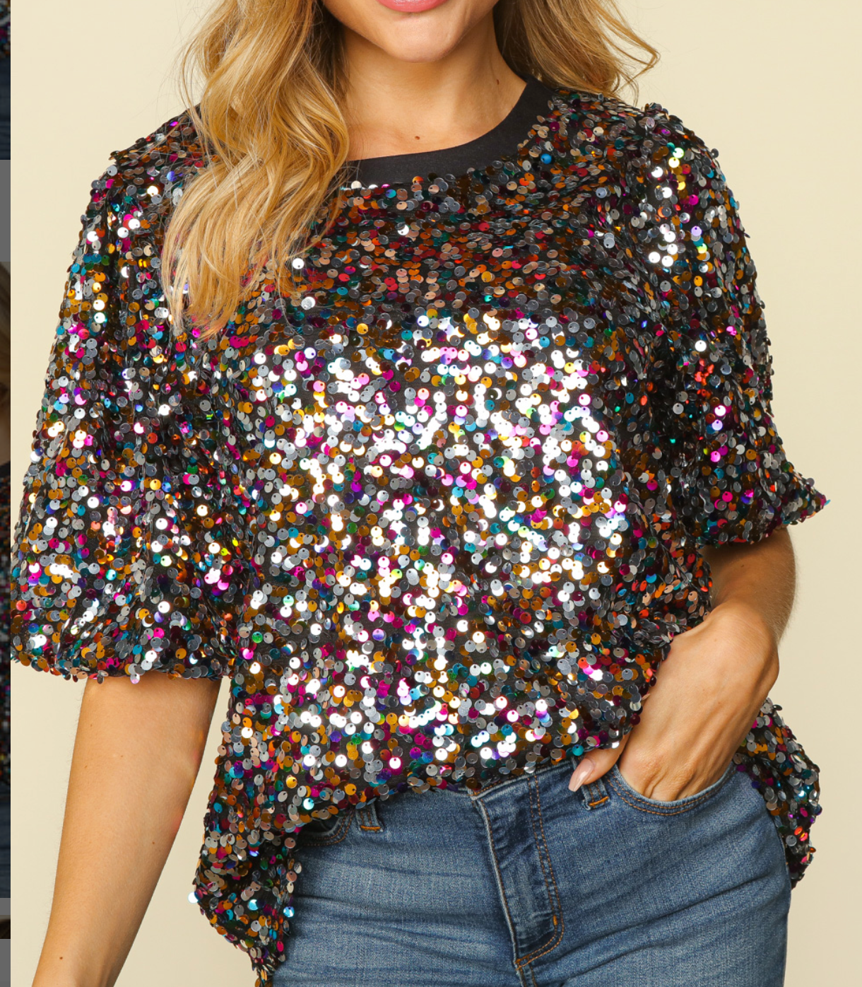 Bubble Sleeve Sequined Top